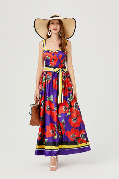 Women's Summer Boho Floral Print Spaghetti Strap Maxi Sun Dress