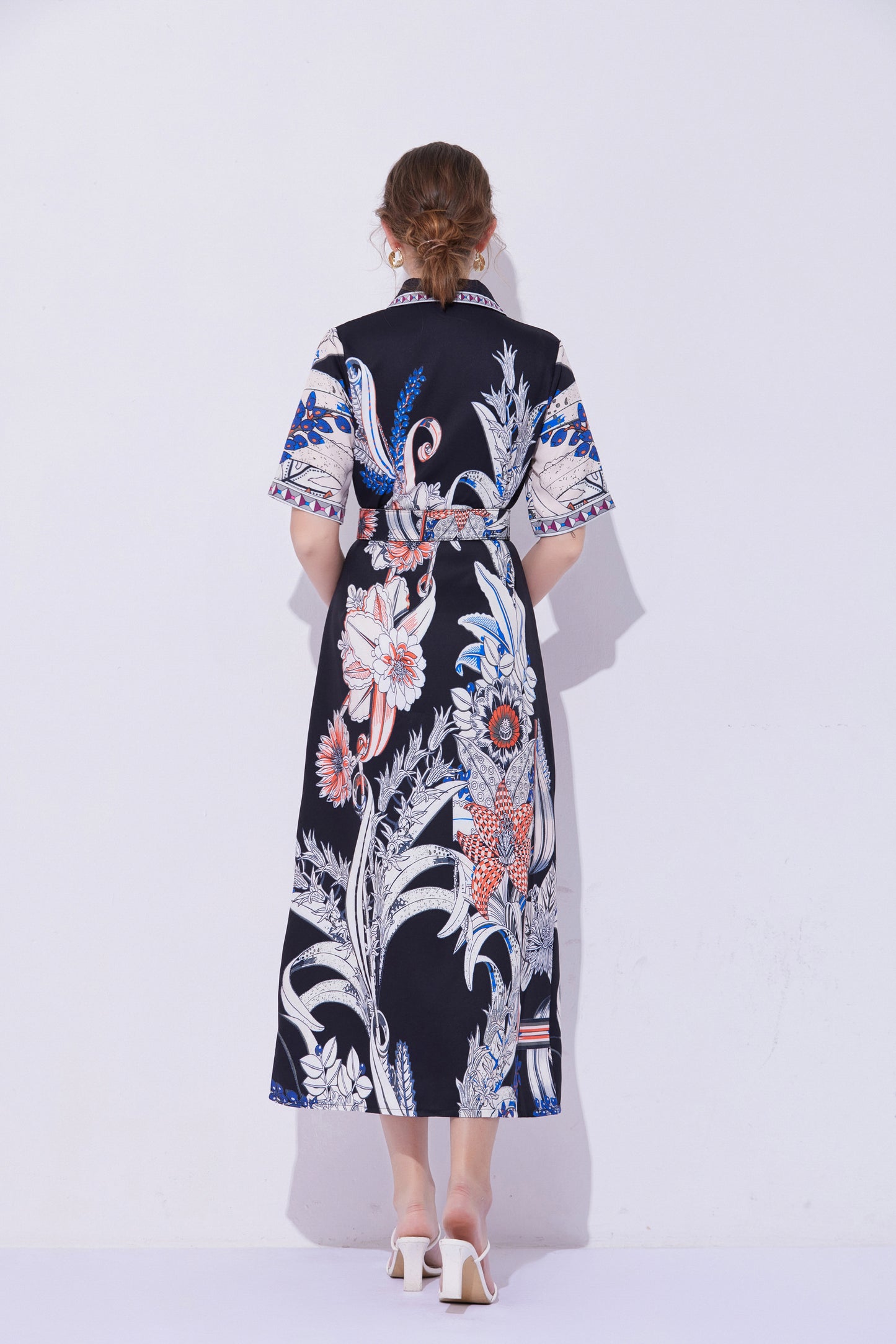 FSY-Women's Short Sleeve Collar Button Floral Midi Dress