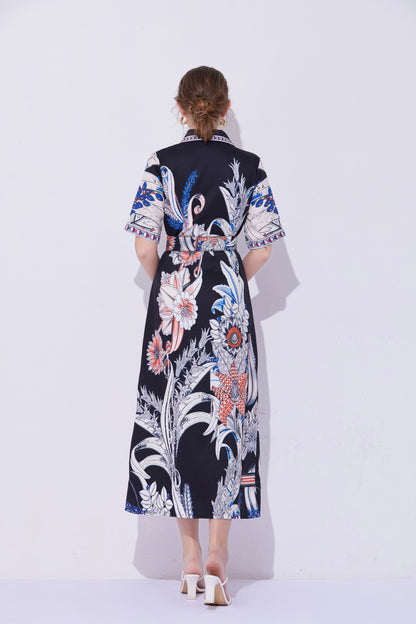 FSY-Women's Short Sleeve Collar Button Floral Midi Dress