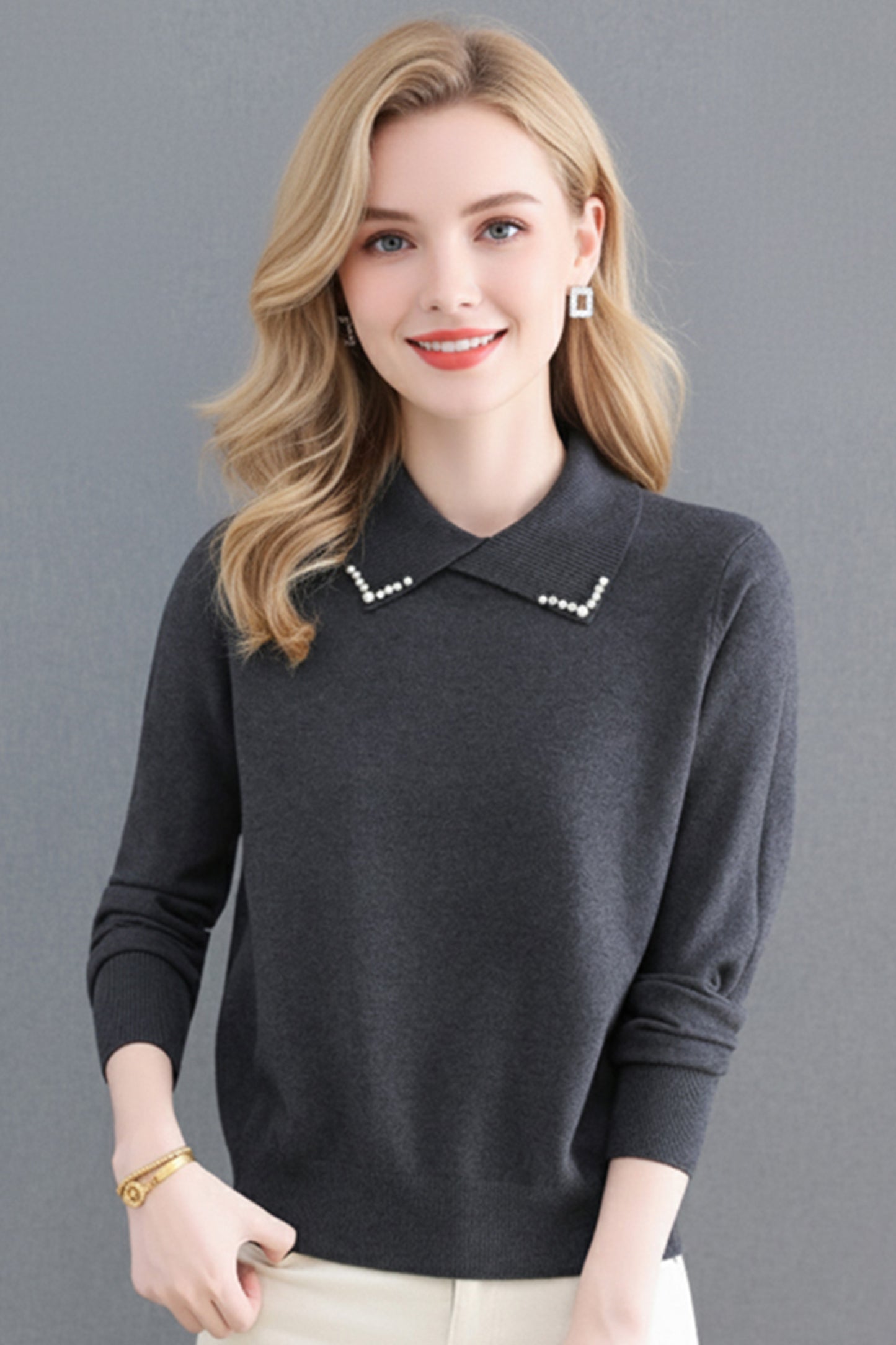 Women's Long Sleeve Sweater Lapel Collar Pullover Tops - LAI MENG FIVE CATS