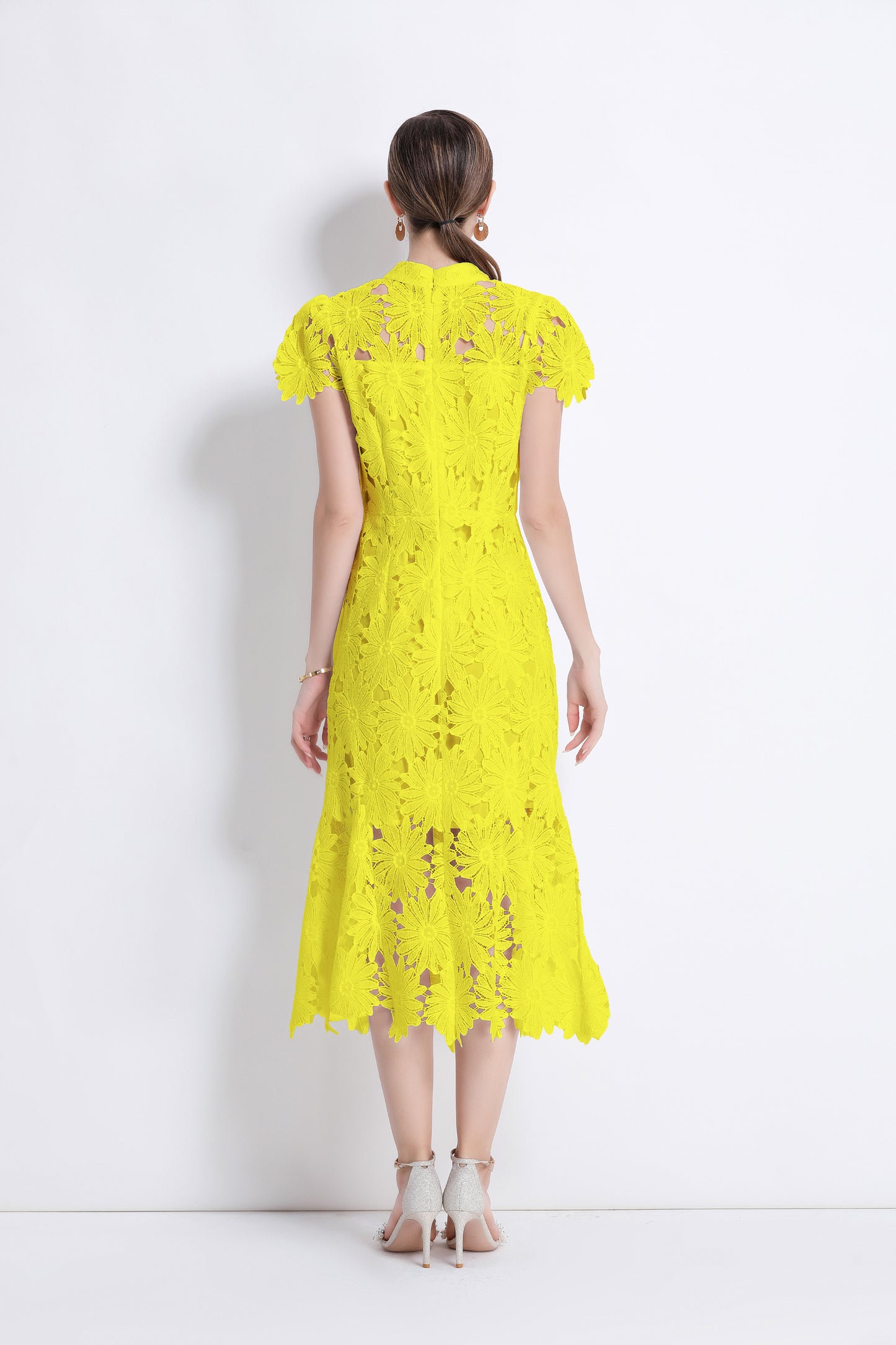 Women Hollow Out Lace Floral Fishtail Midi Dress
