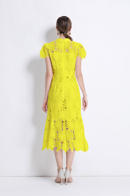Women Hollow Out Lace Floral Fishtail Midi Dress