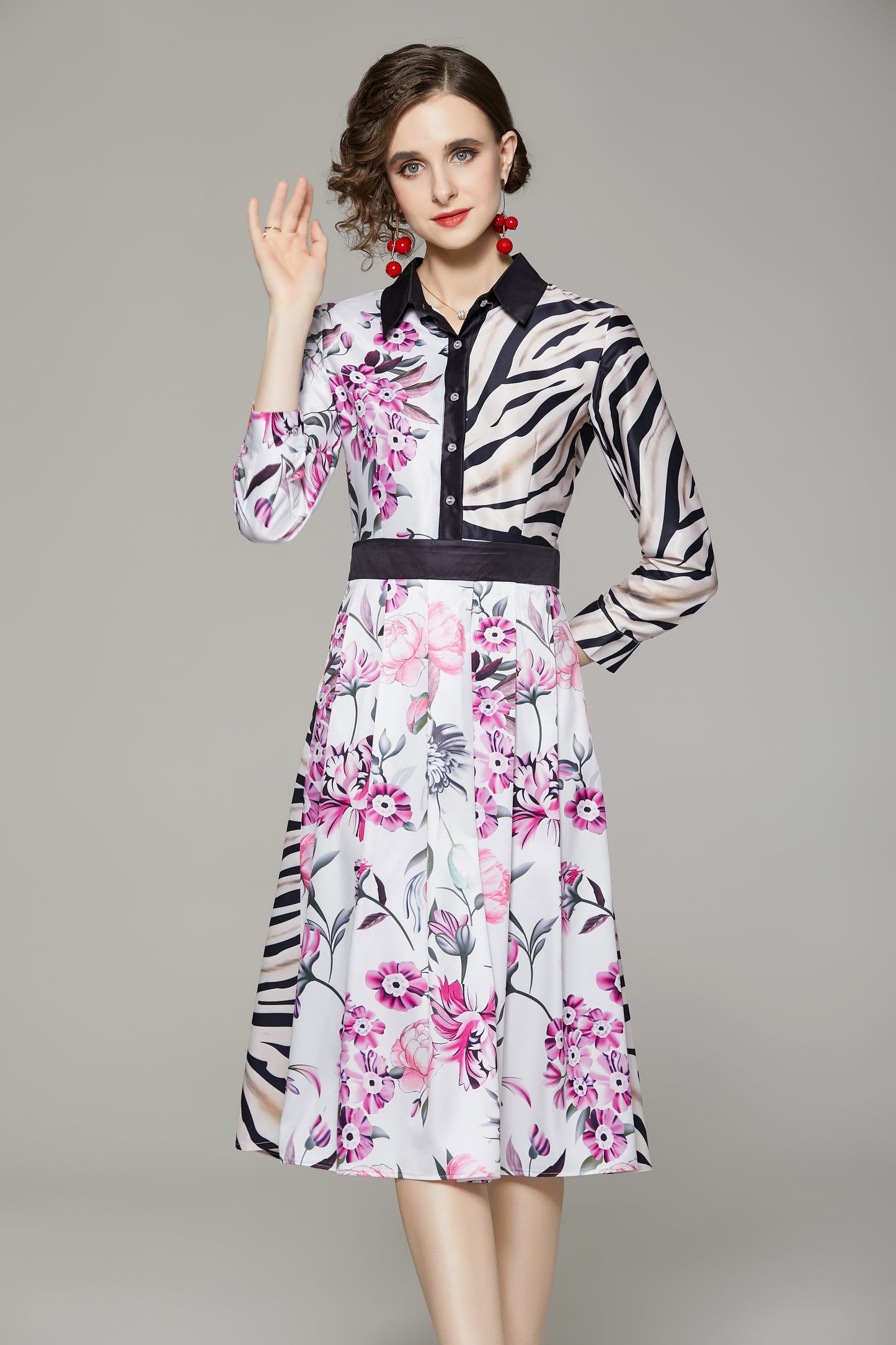 FSY-Women's Floral Print Button A-line Flowy Midi Dress