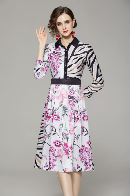 FSY-Women's Floral Print Button A-line Flowy Midi Dress