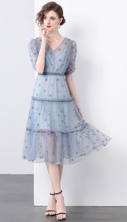 Butterfly Embroidered Mesh Midi Dress – Blue