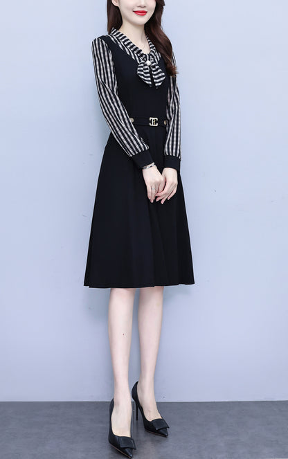 Women's Elegant Tie Neck Long Sleeve Black Dress