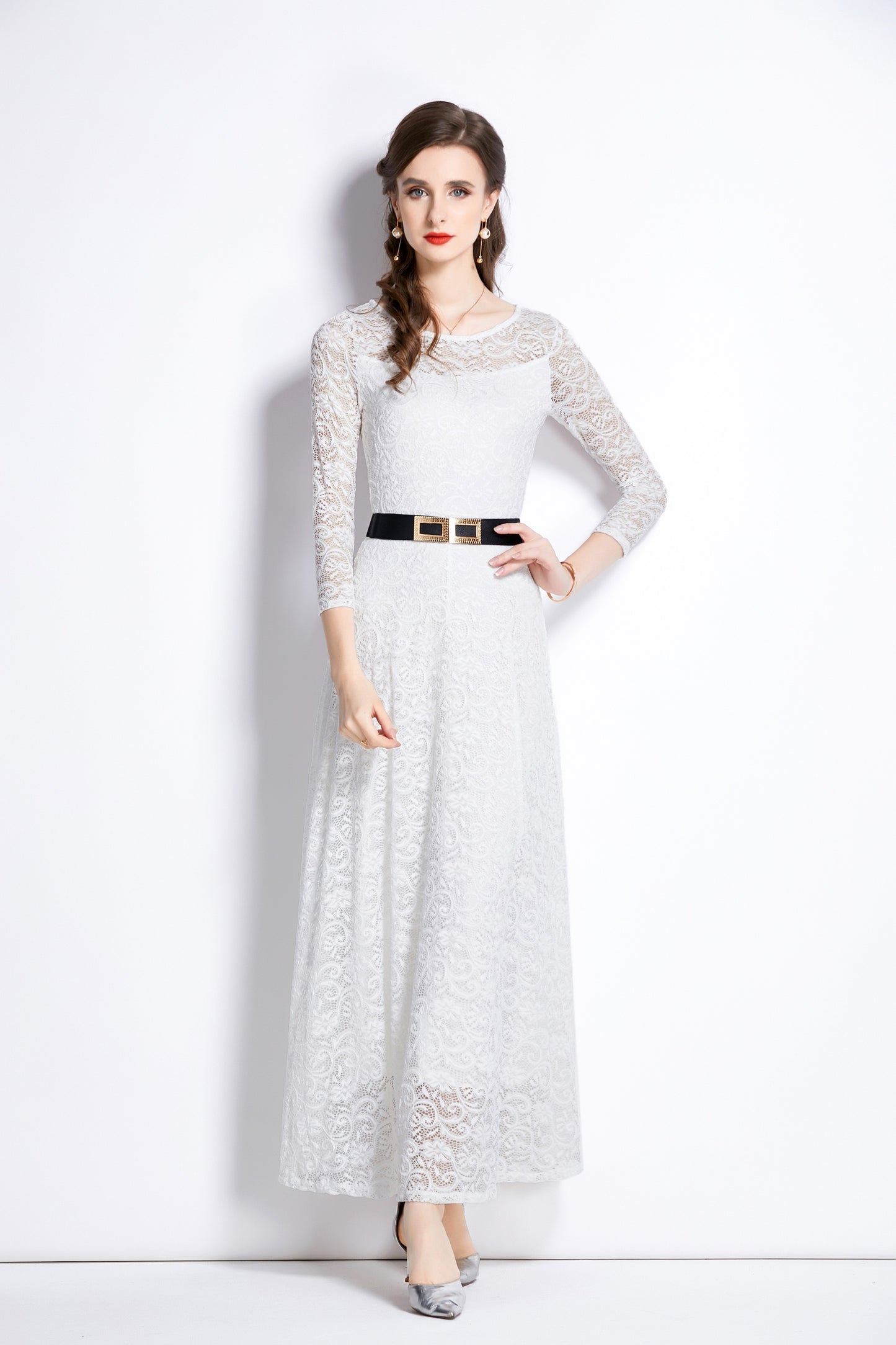 SSY-Women's 3/4 Sleeve Lace Overlay Maxi Dress