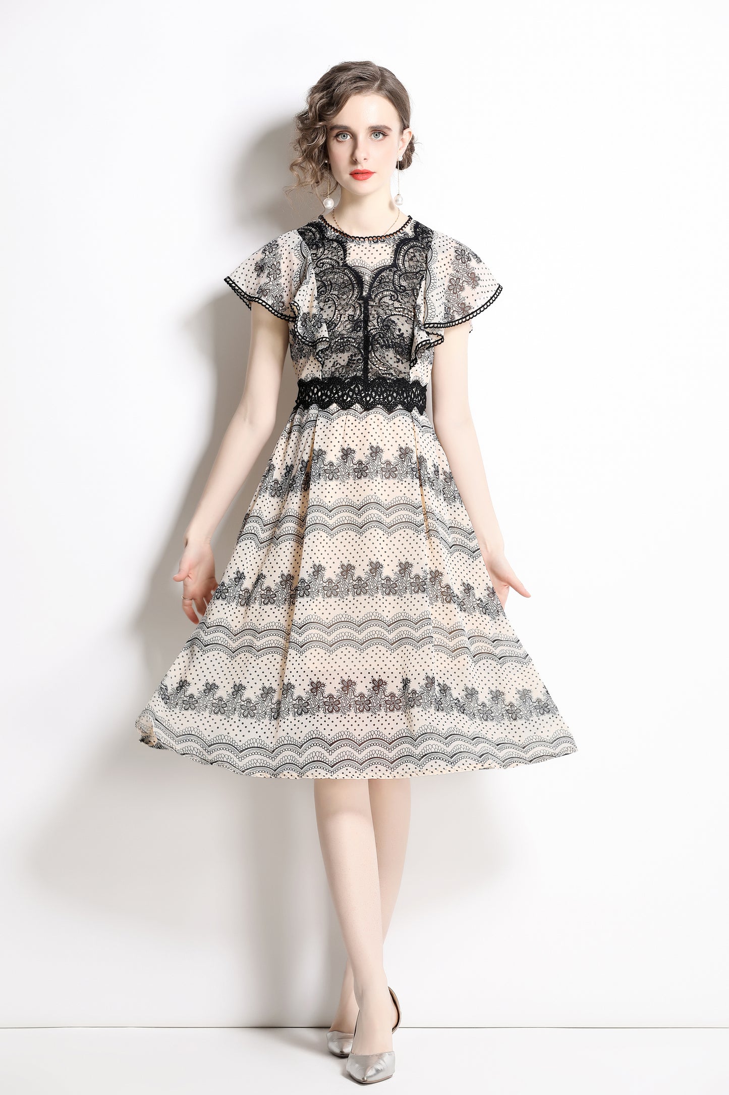 SSY-Women's Boho Floral Ruffle Chiffon Lace Midi Dress