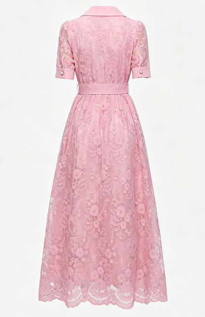 V Neack Lace Midi Dress with Belt