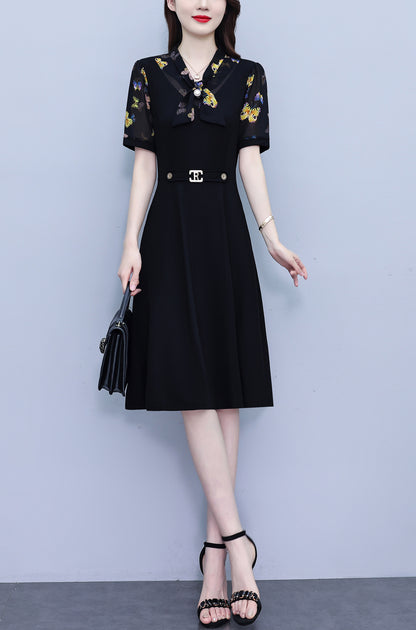 Women's Tie V-Neck Short Sleeve Pocket Midi Dress