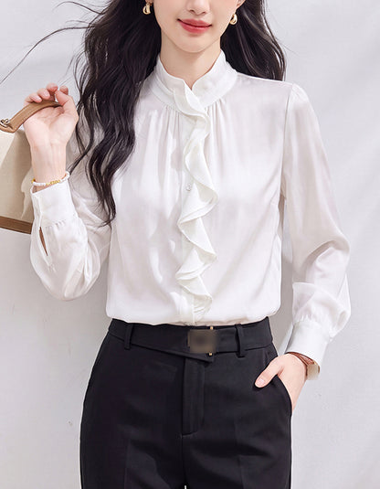 Classic Ruffle Front Stand Collar Blouse