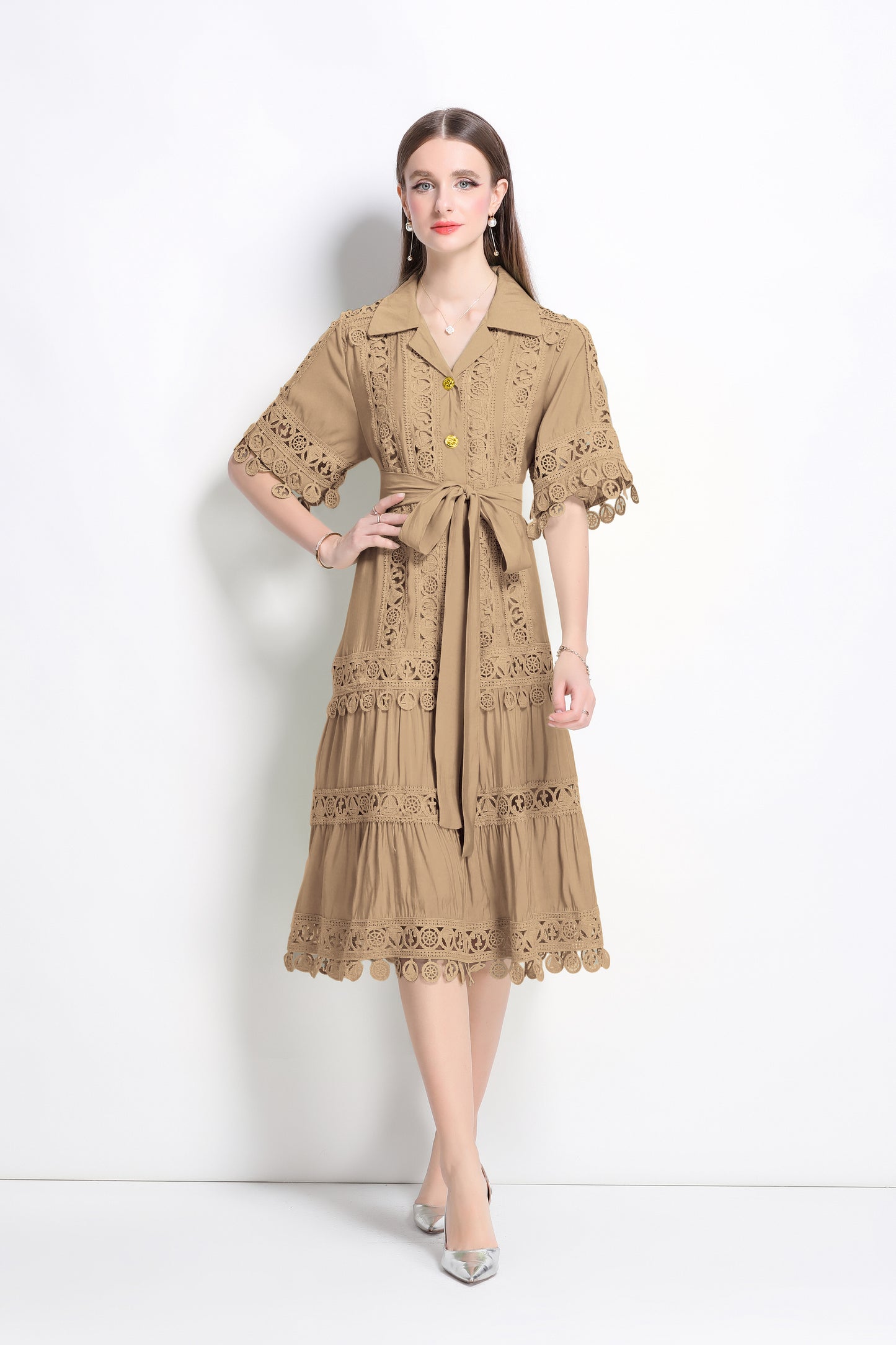 Women's Lace Lapel V-Neck Short Sleeve Midi Dress