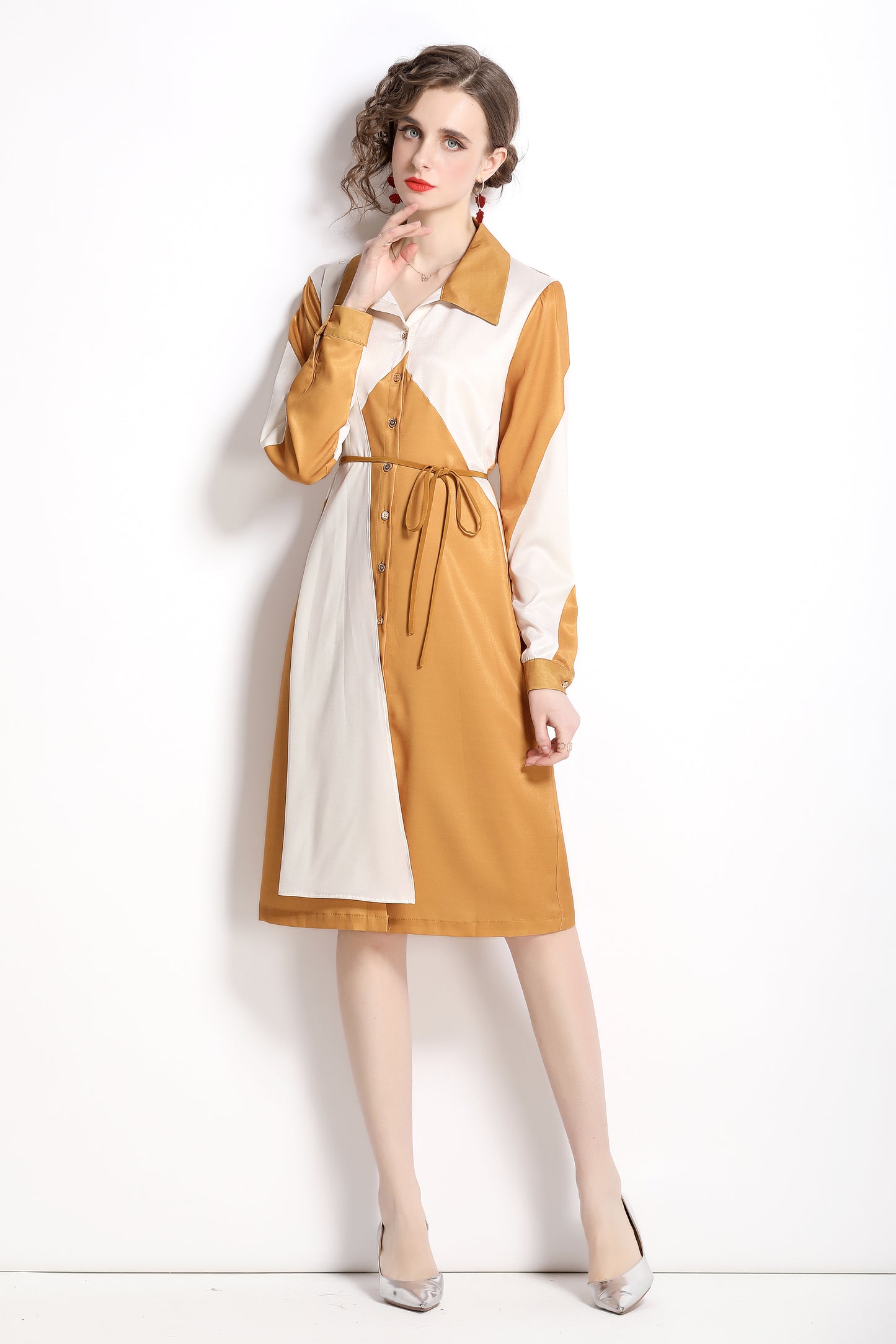 SSY-Women's Floral Print Button up Long Sleeve Midi Dress