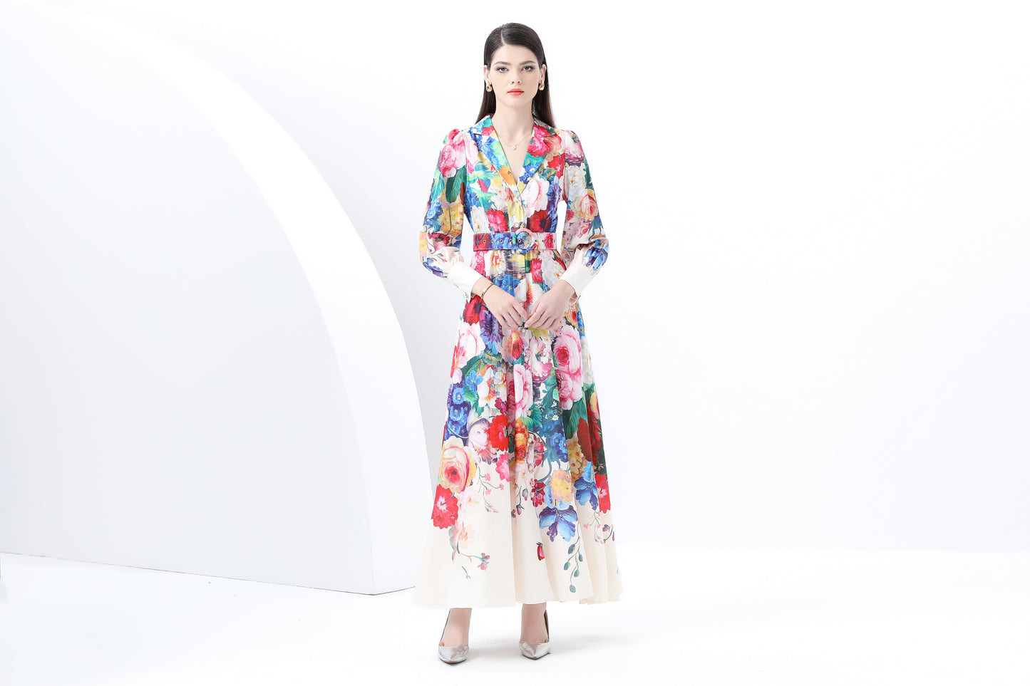 Women's Notch Lapels Puff Sleeve Print Maxi Dress