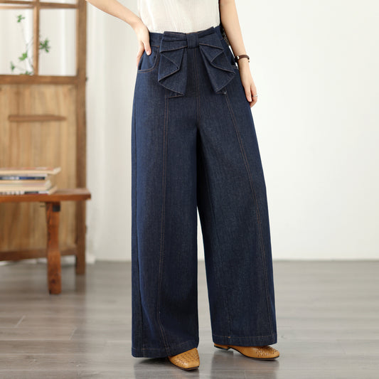 Bow Waist Wide Leg Jeans – Dark Wash Resort Denim Pants
