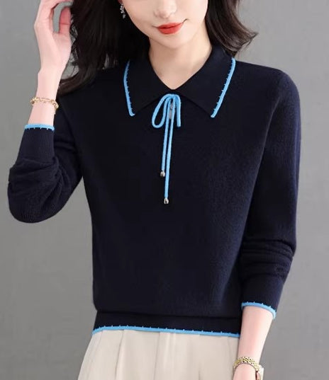 Contrast Trim Bow Collar Knit Top Long Sleeve Soft Sweater