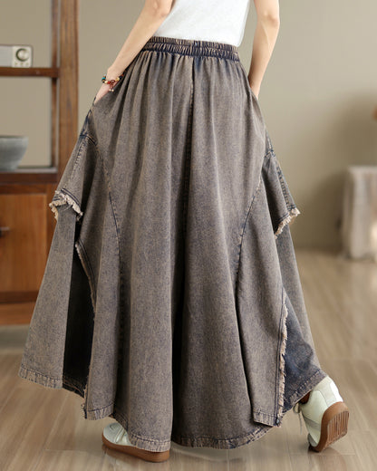 Women Loose Denim Skirt Pants Baggy Elastic Waist Casual Wide Leg Jeans