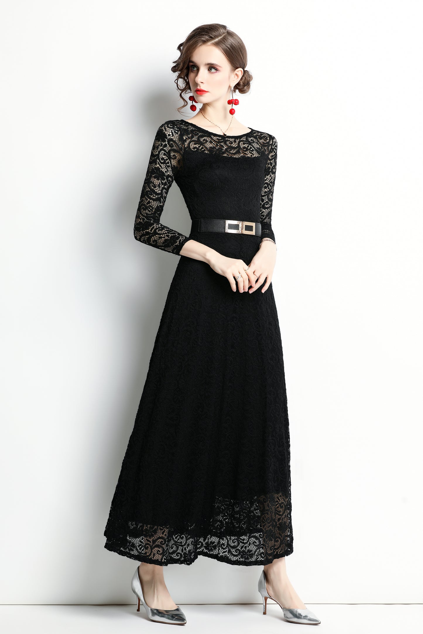 SSY-Women's 3/4 Sleeve Lace Overlay Maxi Dress