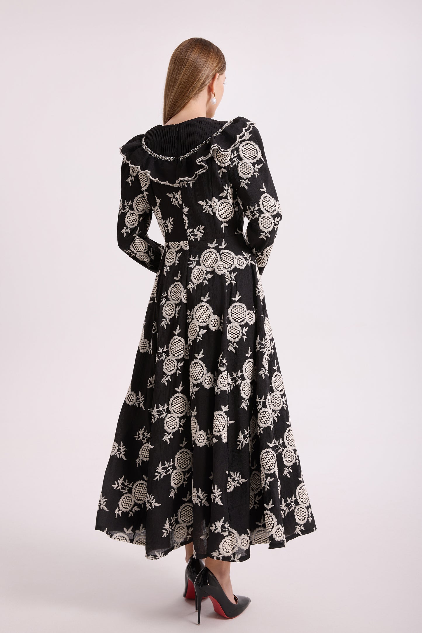 French-Inspired Embroidered Ruffled A-line Maxi Dress