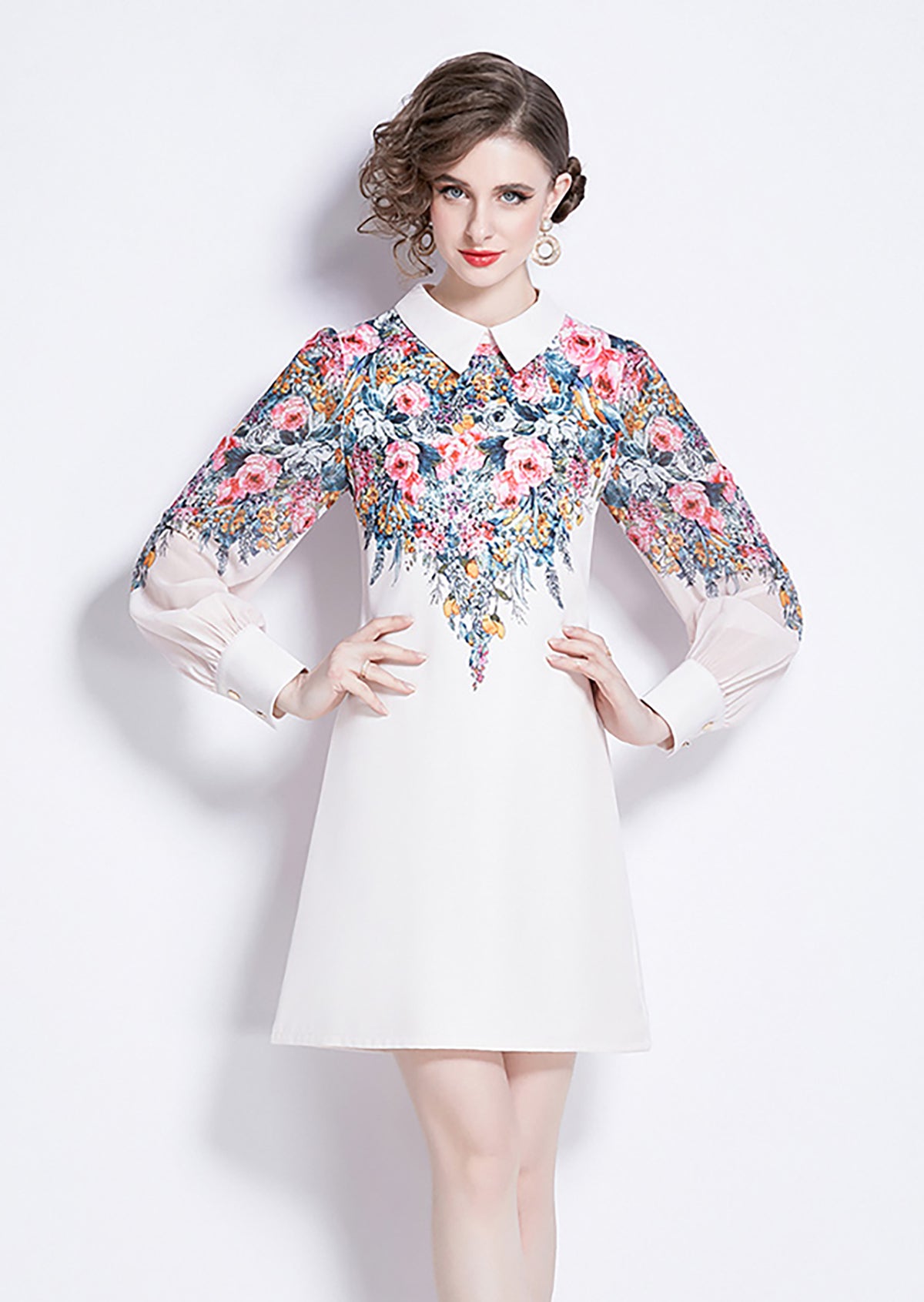 White Floral Mini Dress with Chiffon Sleeves - LAI MENG FIVE CATS