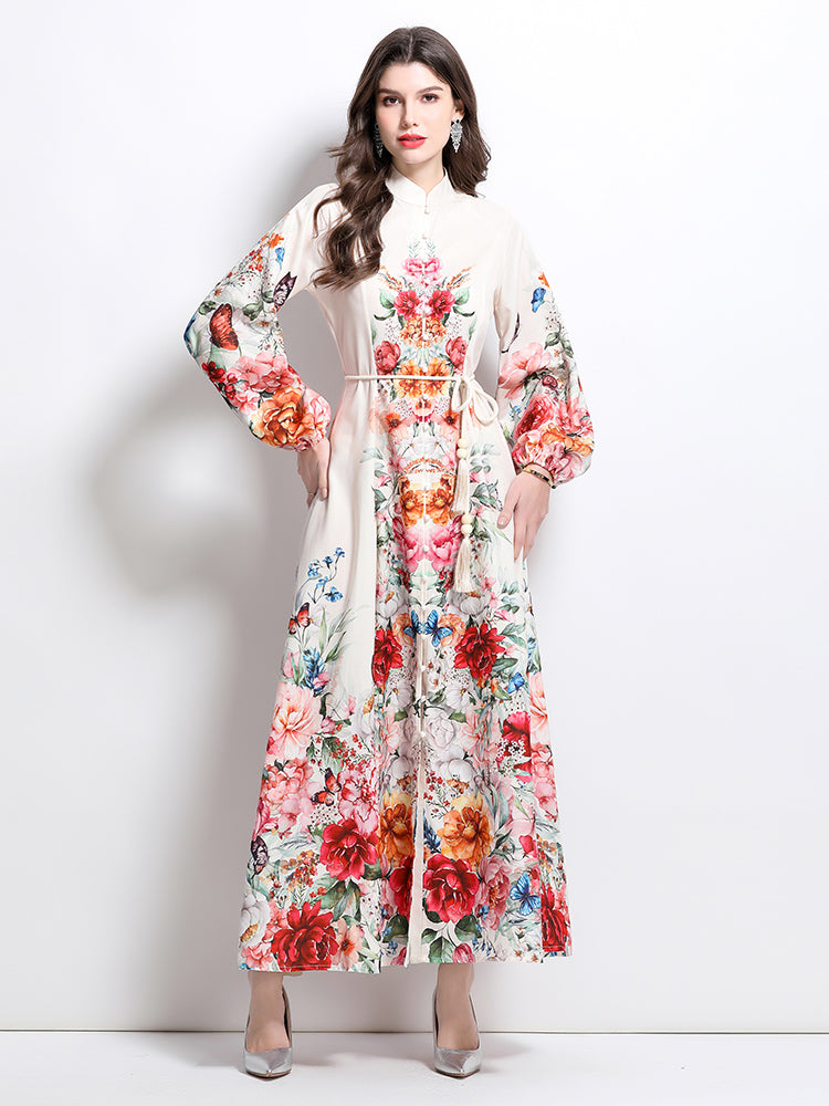 Women's Floral Print Puff Sleeve Split Party Maxi Dress