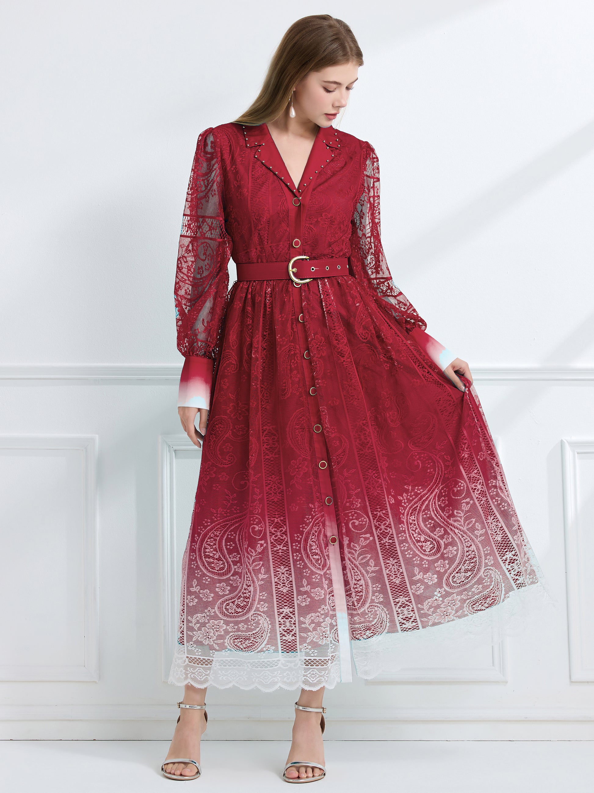 Women's V-Neck Button Lace Maxi Dress - LAI MENG FIVE CATS