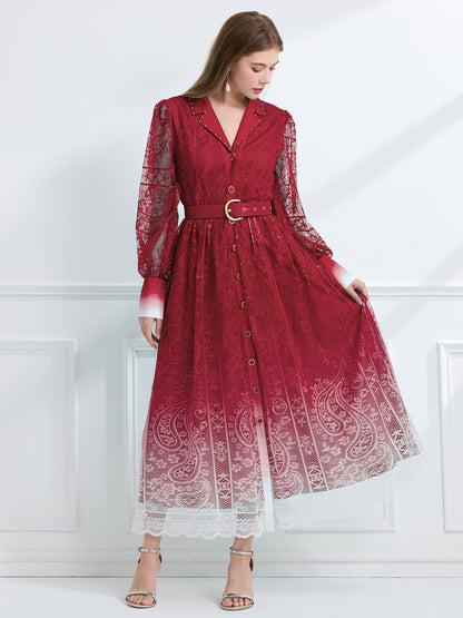 Women's V-Neck Button Lace Maxi Dress - LAI MENG FIVE CATS