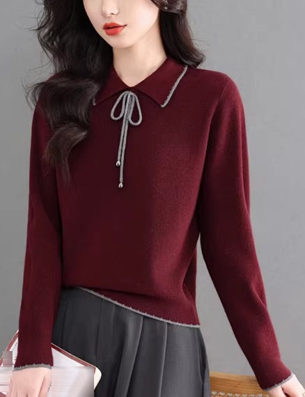 Contrast Trim Bow Collar Knit Top Long Sleeve Soft Sweater