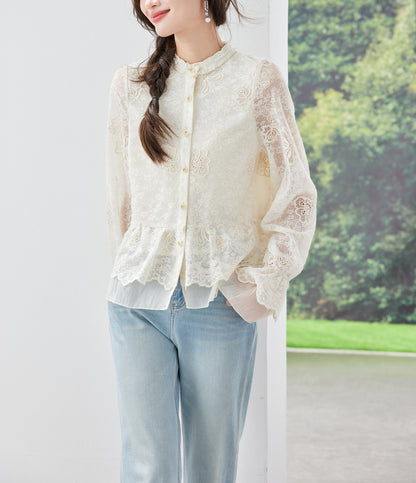 Ivory Lace Embroidered Button-Front Blouse