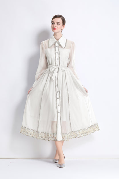 Women's Organza Lapel Neck Lace Midi Dress