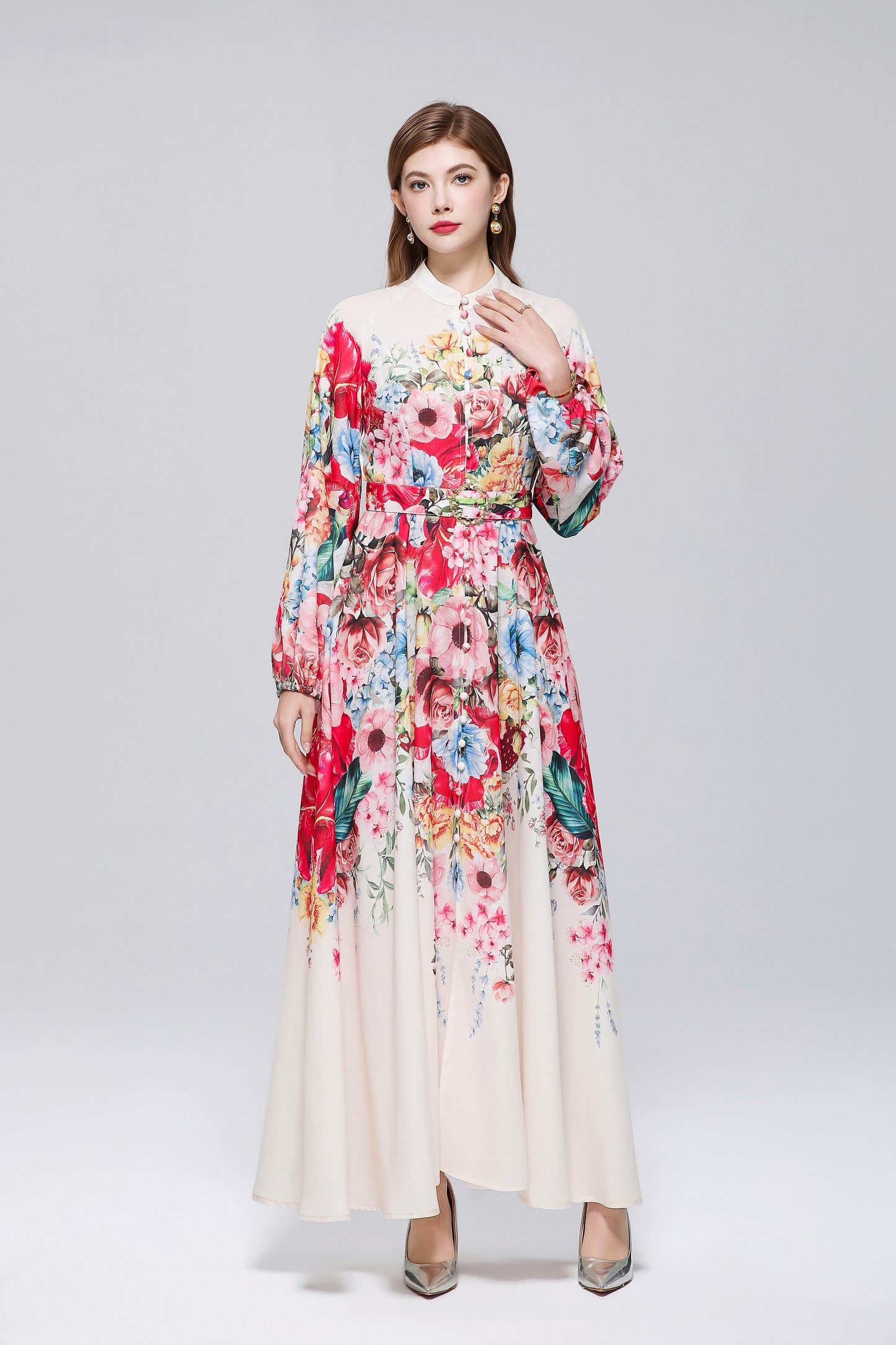 26-Women Floral Print Button Flowy Maxi Belt Dress