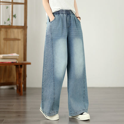 Women's Wide Leg Jeans Elastic Waist  Casual Loose Curved Pants - LAI MENG FIVE CATS