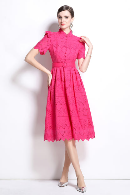 Women's Short Sleeve Lace Buttons Ruffles Midi Dress