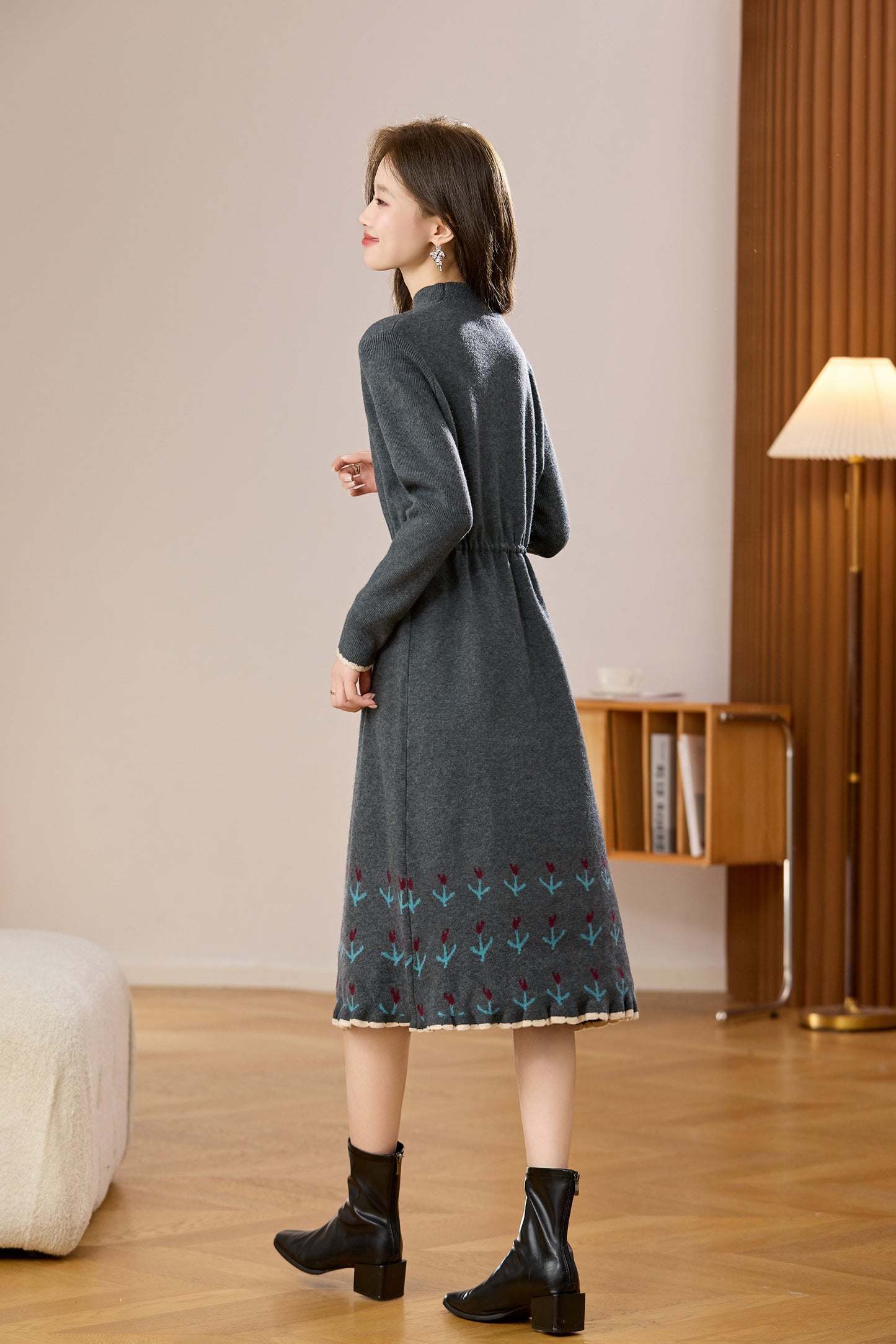 Women's Wool Sweater Drawstring Waist Print Knit Midi Dress
