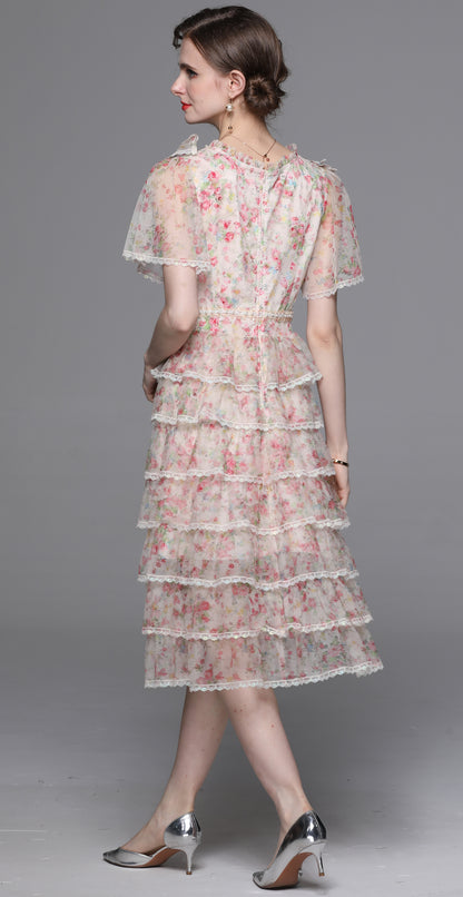 Romantic Floral Lace Trim Midi Dress