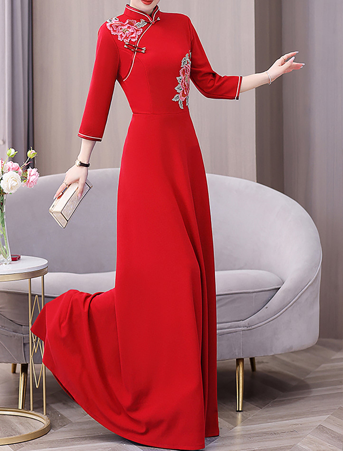 Women's Cheongsam Chinese Solid Color Floral Maxi Dress