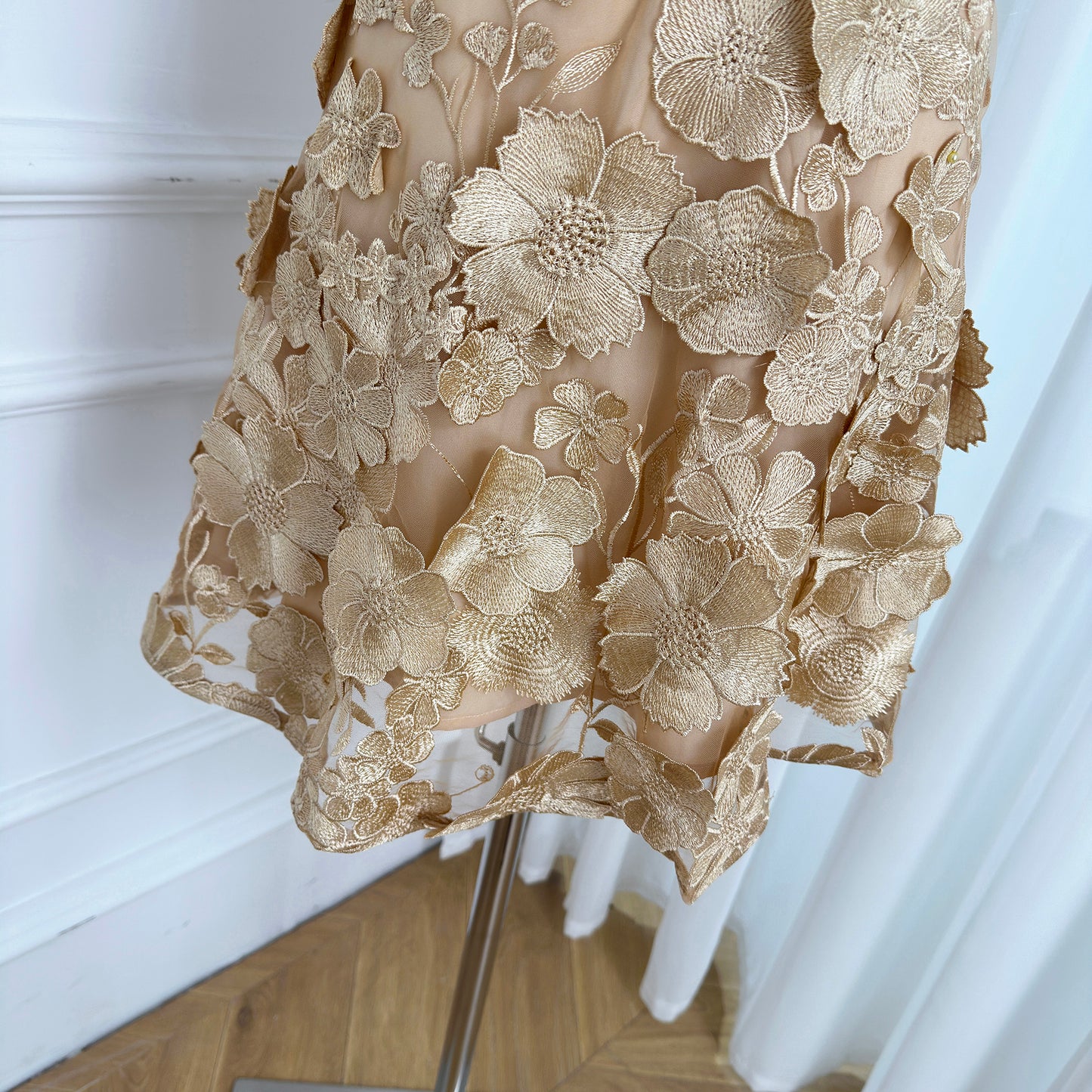Khaki Floral Embroidered V-neck Elegant Mini Dress