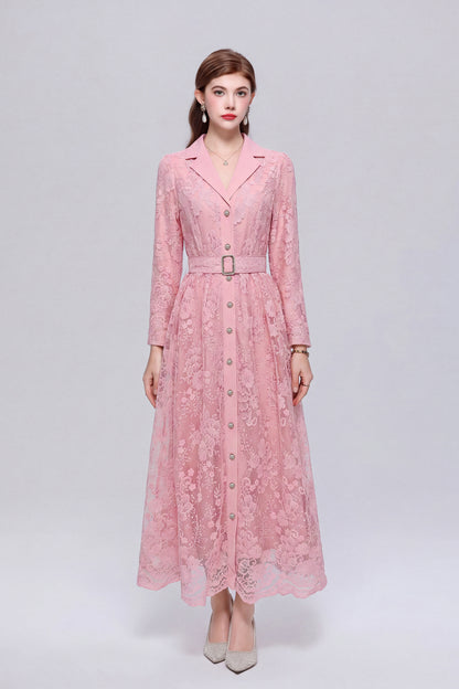 28680-Lace Belted Blazer Dress – Pink & Forest Green | Long Sleeve A-Line Dress