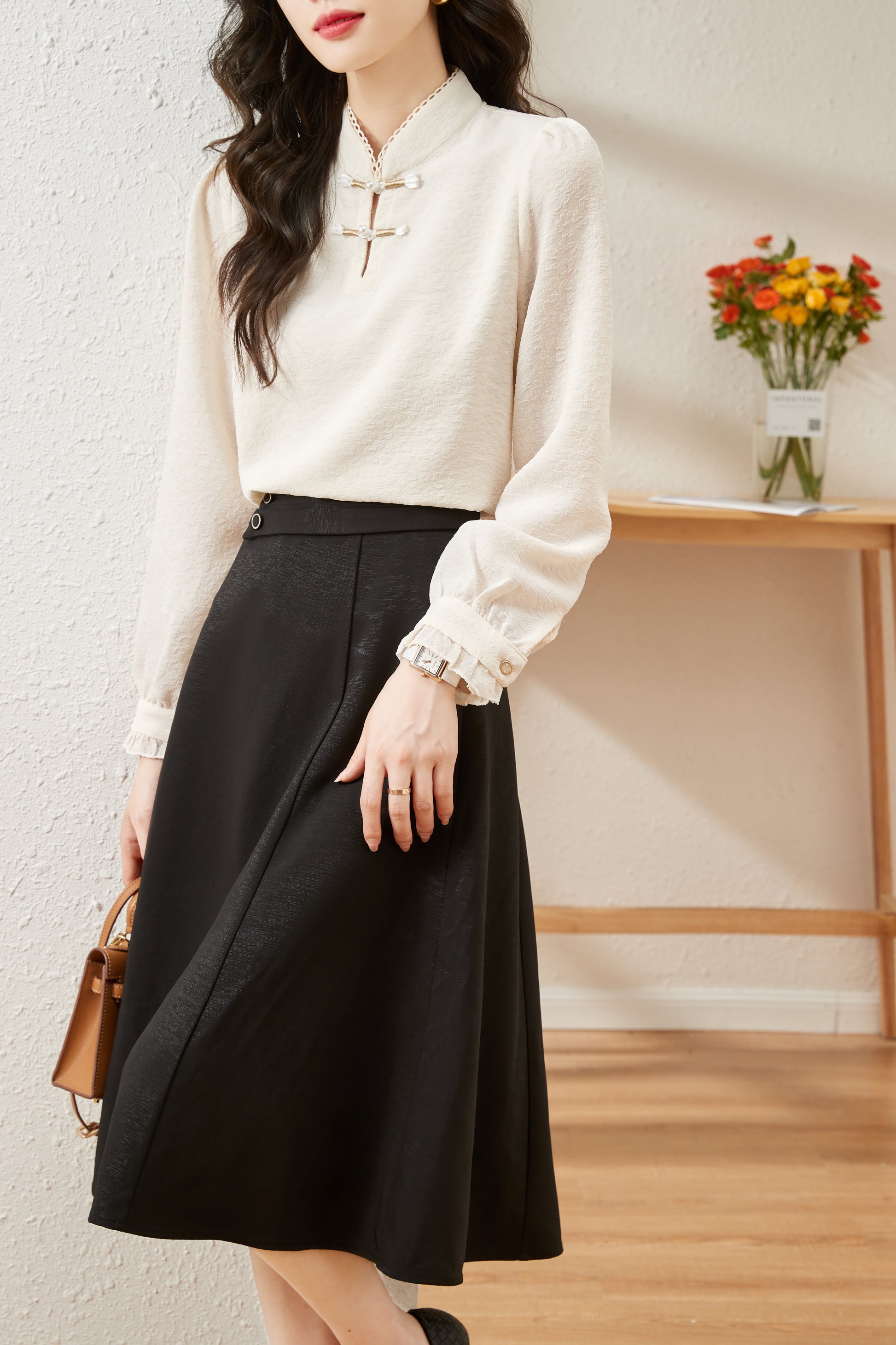 Women's Silk Satin Mandarin Collar Long Sleeve Blouse Top - LAI MENG FIVE CATS