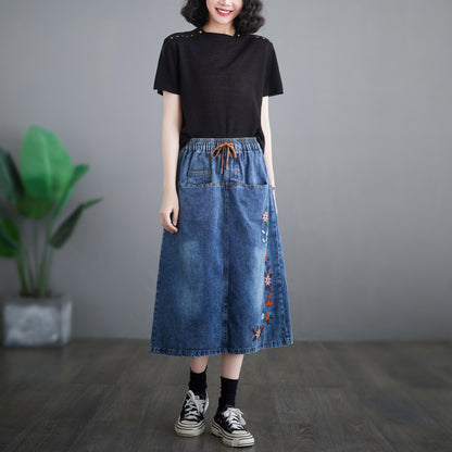 Women's Denim Drawstring Waist Pockets Jean Skirt
