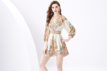 Women's V-Neck Floral Print Lantern Sleeve Mini Dress