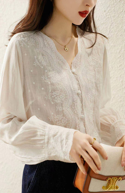 Women's V Neck Lace Crochet See Through Blouse