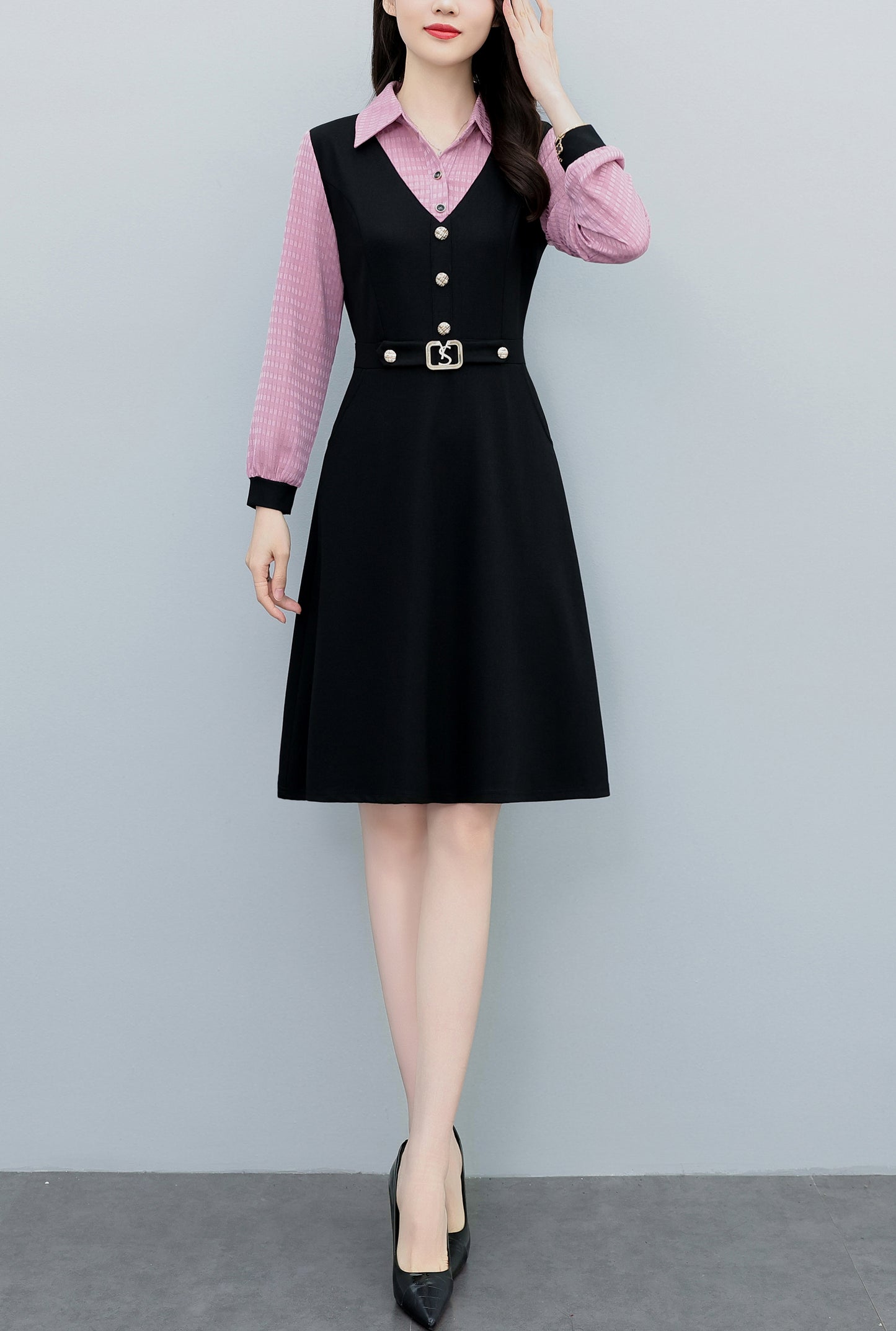 Women's Lapel V-Neck Pocket Long Sleeve Black Dress