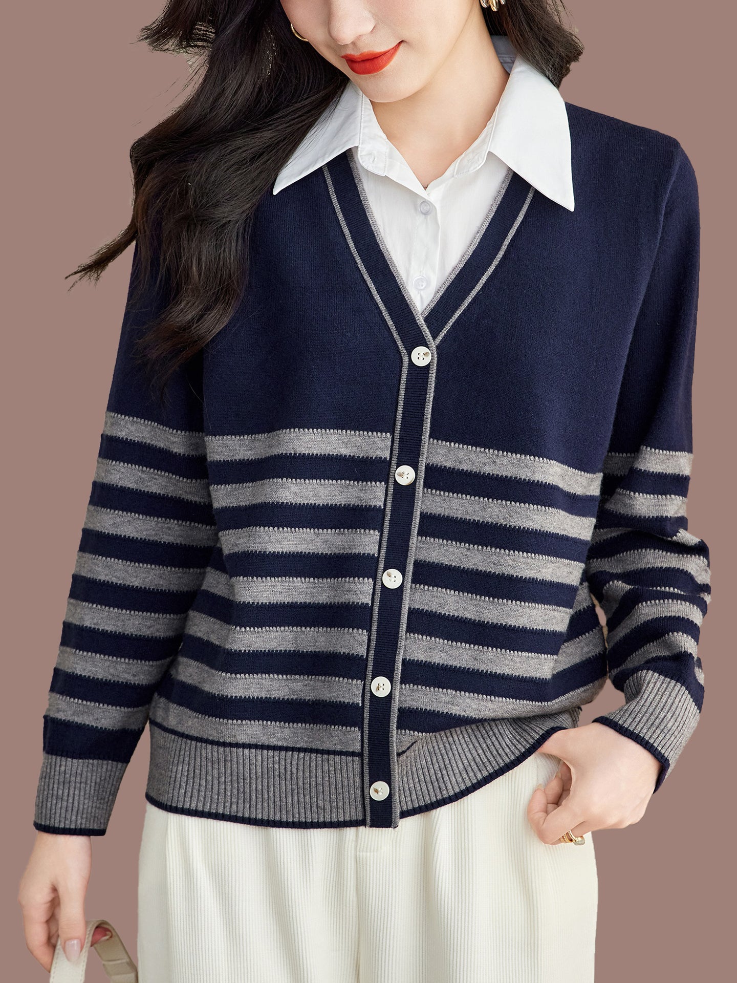 Women's Striped Sweater 2 in 1 Lapel Knit Pullover