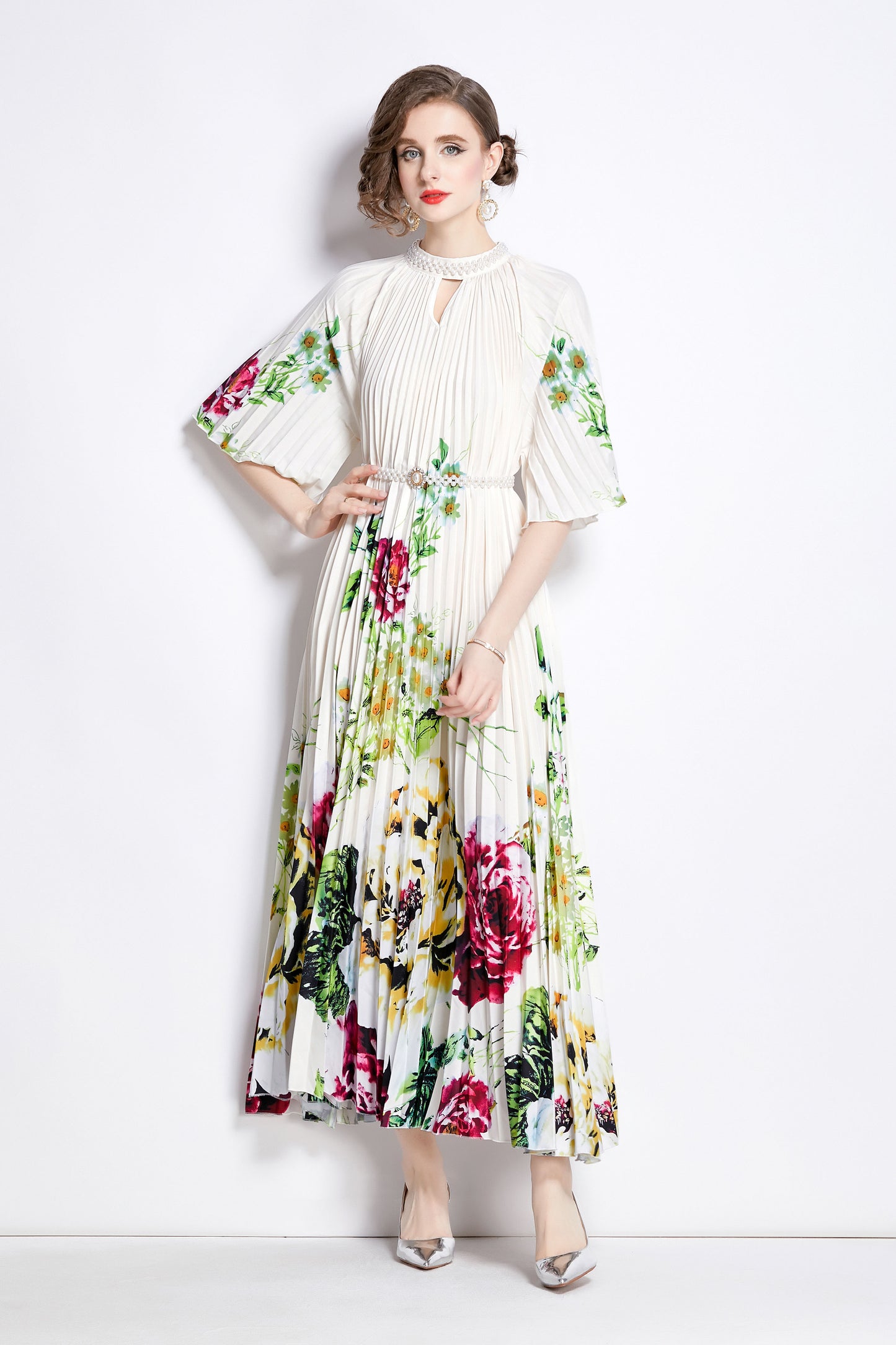 Women's Elegant Pleated Round Neck Bat Sleeves Print Maxi Dress