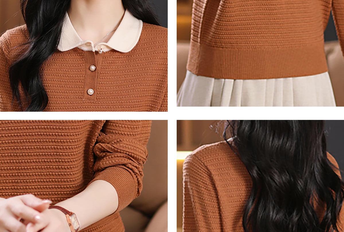 Long-Sleeve Knit Top — Polo Sweater Contrast Collar & Pearl Buttons