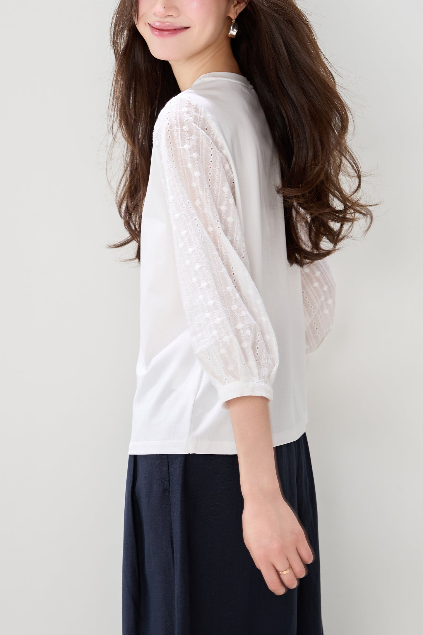 Embroidered Sheer Sleeve Blouse – Elegant 3/4 Sleeve Loose Fit Top