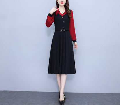 Women's V-Neck with Pockets Long Sleeve Black Dress
