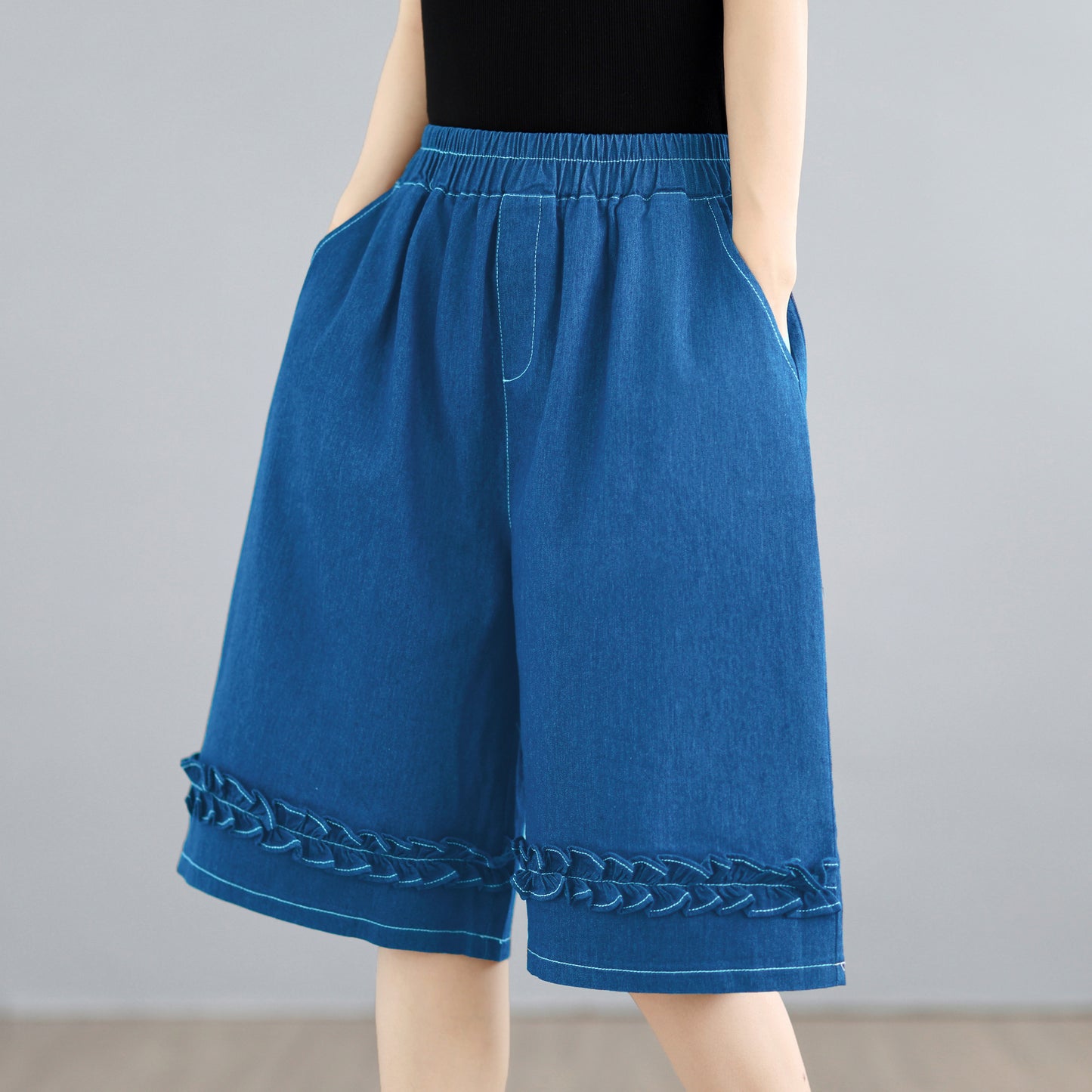 Lightweight Denim Culotte Shorts with Braided Hem