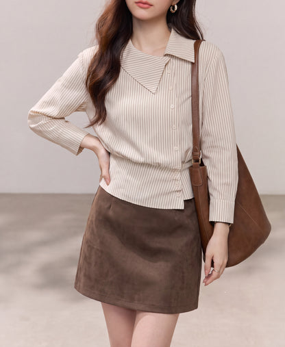 Women’s Pinstripe Asymmetrical Collar Button-Up Shirt